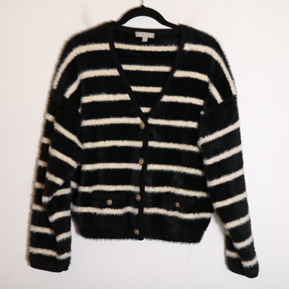 J Crew Lady Sweater Jacket Striped Brushed Yarn Womens Medium Black Fuzzy Button - Picture 2 of 8